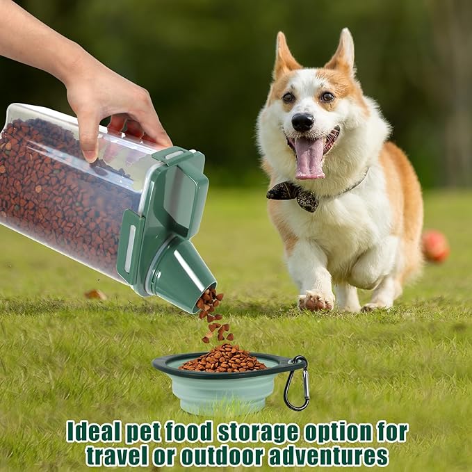 3 Lbs Pet Dog Food Storage Container for Bird Seed Rice Flour - Pine Green | Cat Food Containers with Collapsible Bowl for Travel Airtight 5 Lbs Rice Cereal Oatmeal Holder with Pour Spout Measuring Cup