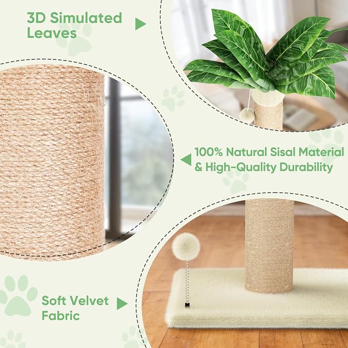 XiaZ Cat Scratching Post 34'' Tall, HeavyDuty and Thicker Cat Tower Scratcher with 2 Interactive Toy Balls, Premium Natural Sisal & Plush Fabric for Small, Medium Large Cats (Beige, 4.5in)