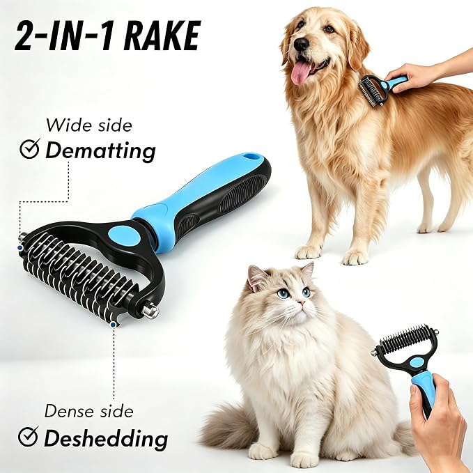 Dog Deshedding Rake for Shedding, Double-Sided Grooming Tool for Dogs & Cats, Gentle Skin-Friendly Pet Brush for Long and Short Hair Breeds, Removes Loose Hair and Keeps Coats Healthy (Brush)