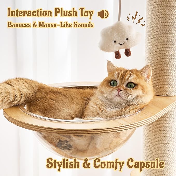 64.2" Solid Wood Cat Tree Tower for Indoor Cats, Multi-Level Modern Cat Furniture with 20" Condo, Interchangeable Hammock & Capsule Bed, Chunky Scratching Posts for Active Cats up to 12 lbs