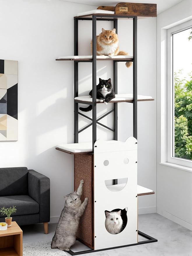Wood Modern Cat Tree Tower, 84 Inch XL Tall Indoor Large Cat Condo | Heavy Duty XL Stable Wooden Cat Condo House Furniture with Multi-Level Spacious Perch Scratching Board Soft Washable Pads