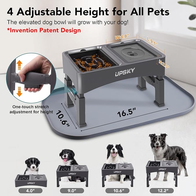 UPSKY 3-in-1 Elevated Dog Bowls Set with 4 Height Adjustable Stand and Mat | 304 Stainless Steel Bowl, No Spill Water Bowl, Slow Food Bowl, Anti-Slip, Dishwasher Safe, Suitable for Small Medium Dogs
