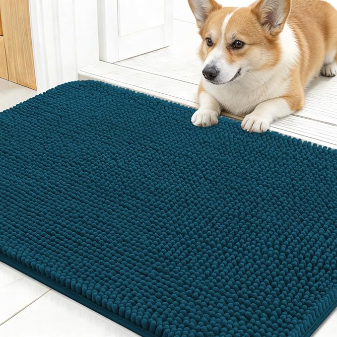 OLANLY Dog Door Mat for Muddy Paws 24x16, Super Absorbent Chenille Mud Mat | Atlantic Blue, Absorbs Moisture and Dirt, Non-Slip Machine Washable Doormat, Quick-Dry Indoor Entryway Floor Carpet for Dogs