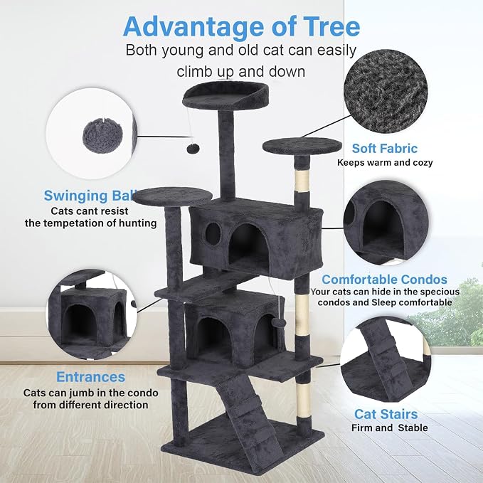 FDW | 62" Cat Tree Tower | Dark Gray | Multi-Level Indoor Activity Center with Sisal Scratching Posts, Condos, Plush Perches, Hanging Cat Toys | Sturdy, Easy to Assemble | for Kittens & Adult Cats