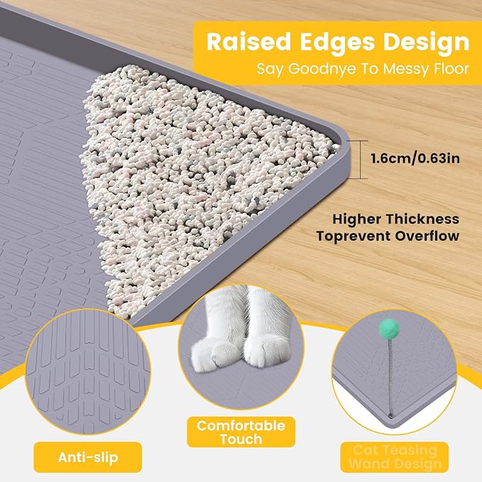 Silicone Cat Litter Mat with Toy, 38x25 Inch Large - Waterproof, Easy Clean Trapping Mat for Kitty Litter Box, Non-Slip Litter Box mat for Hardwood Floors & Carpet Protection (Grey)