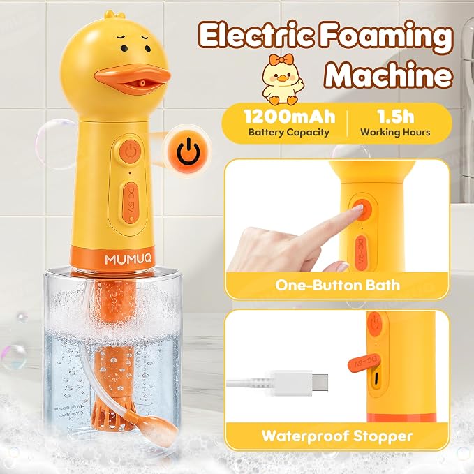 Electric Dog Shampoo Dispenser 500ml Rechargeable Duck-Shaped Pet Bath Dispenser with Auto-Mix Motor & 2 Adjustable Silicone Brushes, IPX7 Waterproof Dog Shampoo Frother for Gentle Cleaning