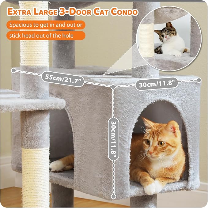 PAWZ Road XXL 81" Cat Tree Large Cats with Big Condos,Perches Sisal Posts | 20"x16" hammock for adult cats, tall cat tower with 7 scratching posts, dual perch and large condo for big maine cats