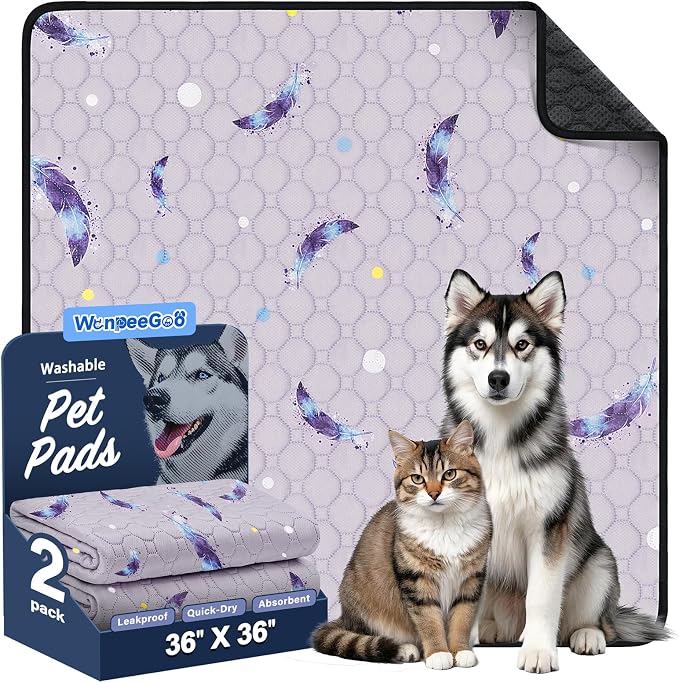 Washable Dog Pee Pads, Non-Slip Waterproof, 36 x 36 in, 2 Pack, Feather | Super absorbent, waterproof and non-slip; washable, reusable dog pads for crates, playpens, floors, furniture and travel