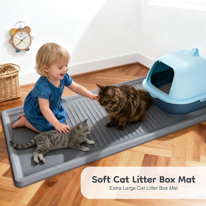 ISSEVE XXL Cat Litter Mat, Extra Large Silicone Litter Box Mat, Dark Grey | 54" x 27.5" XXL, 1.38" Raised Edge, Urine Proof, Litter Trapping Mat for Scatter Control, Soft on Kitty Paws, Protect Floor