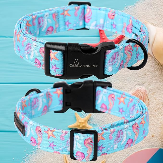 ARING PET Summer Dog Collar, Cute Blue Starfish Seahorse Doggy Collars for Puppy Small Medium Large Boy Girl Dogs Pet, for Daily Photos Outdoor Beach Walking Picnic, L