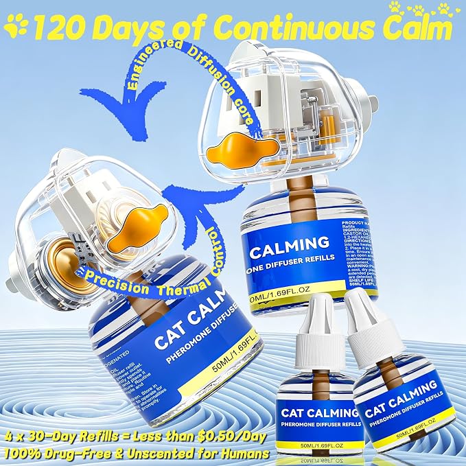 Cat Calming Pheromone Diffuser - 30 Days Relief (2 Plug-Ins & 4 Refills) for Multi-Feline Tension, Cat Calming Diffuser Kit Reduces Hiding, Excessive Meowing & Scratching During Move (50mL Each)