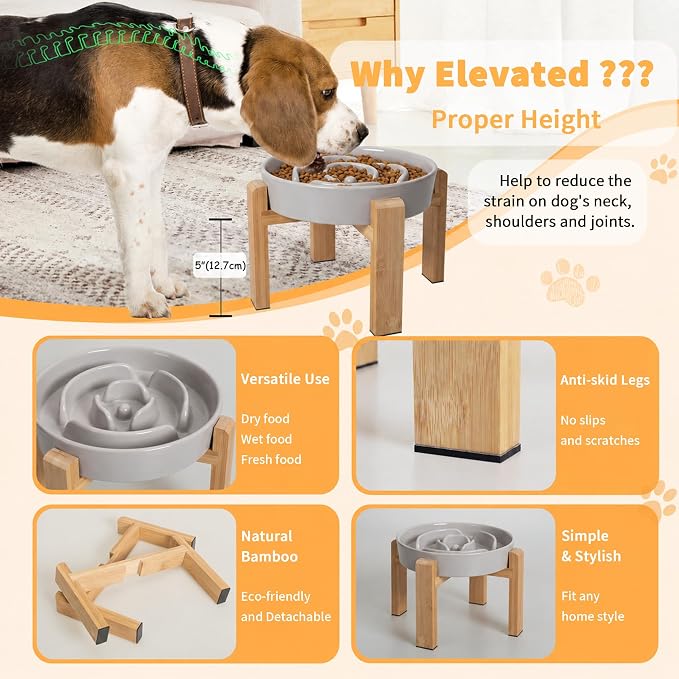 Elevated Slow Feeder Dog Bowl Large Breed, 8.8 Inch Ceramic Slow Eating Bowl with Bamboo Stand, Anti-Choking Raised Maze Design for Medium to Large Dogs, 3.2 Cup, Grey
