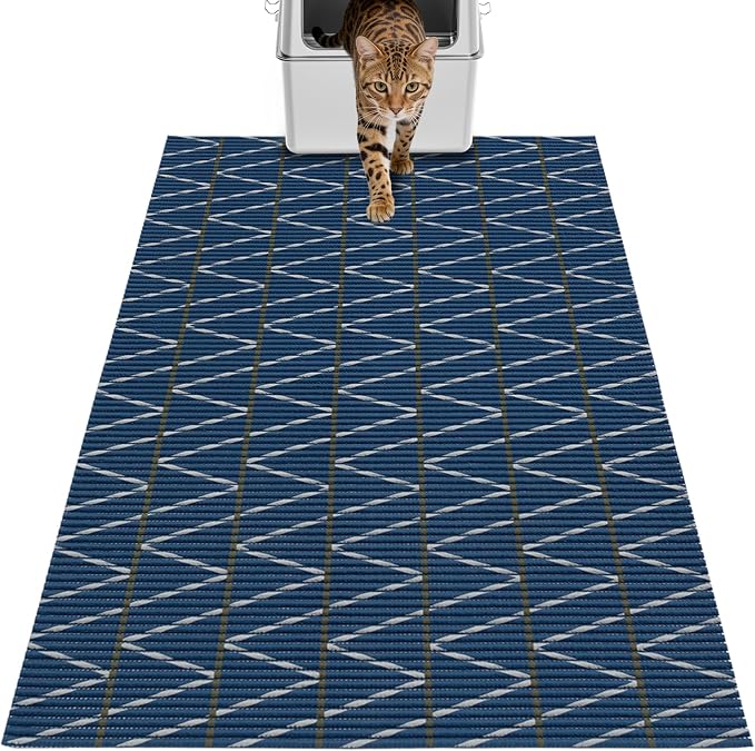 Cat Litter Mat, 40"x25" Jumbo Foam Litter Box Mat | Extra Large Coverage, Soft on Paws, Trimmable Design, BPA-Free Foam, Leak-Proof, Machine Washable, Navy Chevron