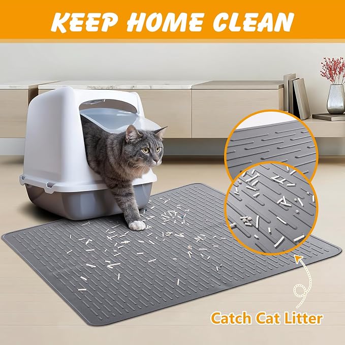Silicone Cat Litter Mat, Waterproof, Raised Edge, 28 x 20 in, Gray | Quick-clean silicone, leakproof floor protection, non-slip base, doubles as feeding mat