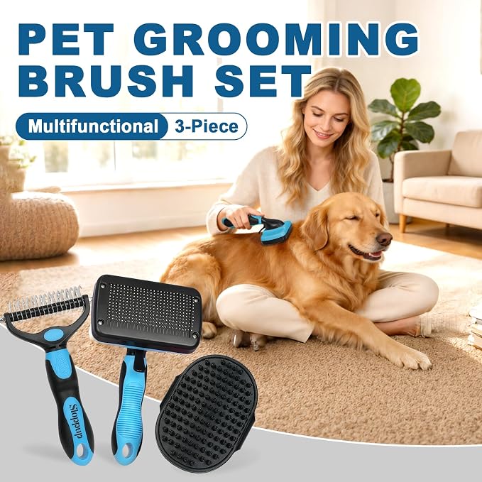 Blue Pet Grooming Kit 3Pcs Dematting Comb for Dogs&Cats Shedding | Self-Cleaning Slicker Brush,Double-Sided Fine&Wide Teeth Undercoat Rake for Dogs,Deshedding Dog Brush,Dog Bath Massage Brush