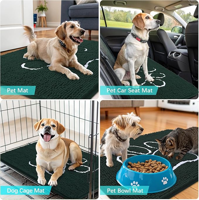 OLANLY Dog Door Mat for Muddy Paws 47x32, Paw Print Design Chenille Mud Mat | Blackish Green, Absorbent, Traps Moisture and Dirt, Non-Slip Washable Doormat, Quick-Dry Indoor Entryway Carpet for Dogs