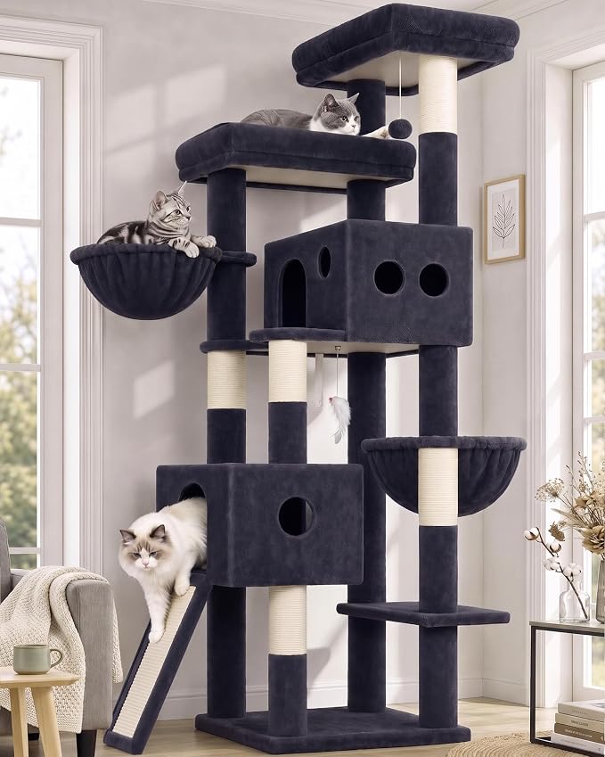 Globlazer Tall Cat Tower Extra Large Cat Tree House, S77D, Dark Grey | 77 inch Cat Climbing Tower for Indoor Cats Large Adults with 5 Scratching Posts, 2 Cat Condos, 2 Platforms