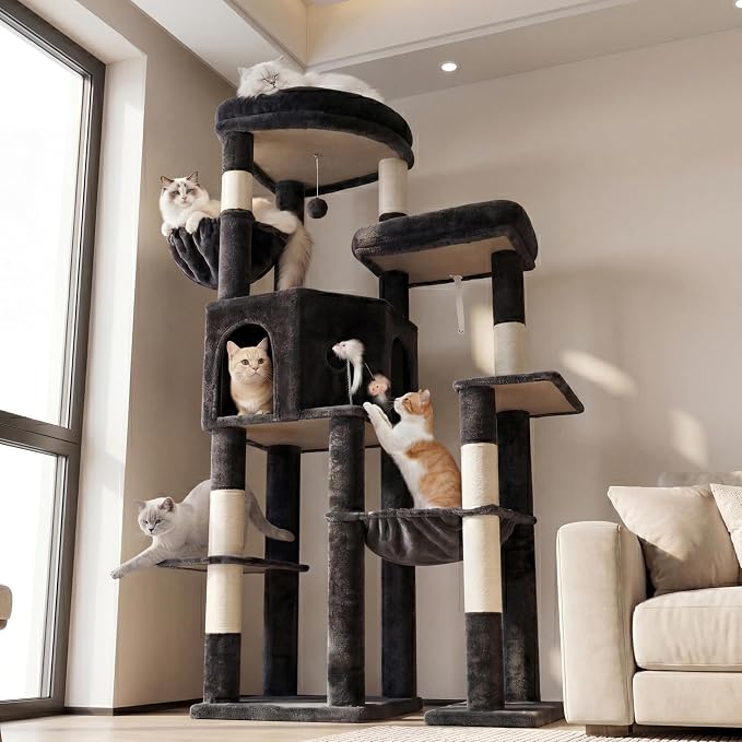 65" Cat Tree Tower, Anti-Tip Cat Condo for Indoor Cats VCT012G | Cat Furniture with Extra Wide Baseboard & Large Perch, 2 Hammocks, Cozy Condo, 7 Sisal Scratching Posts, Smoky Gray