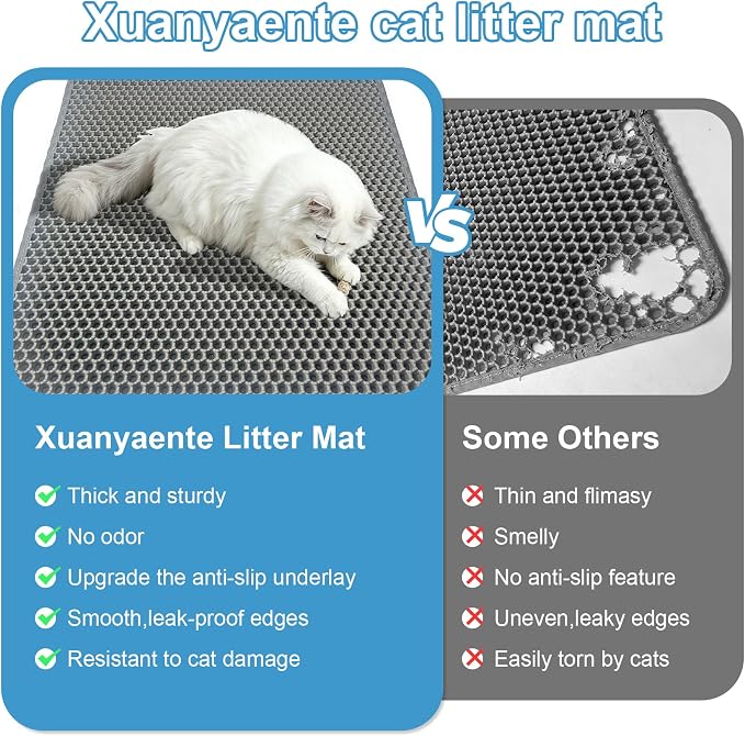 Honeycomb Cat Litter Mat, Double Layer, 23.4"x14.7", Gray | Durable Cat litter box mat, ultra-soft BPA-free non-toxic EVA, non-slip urine-proof base, easy-clean, washable, traps litter