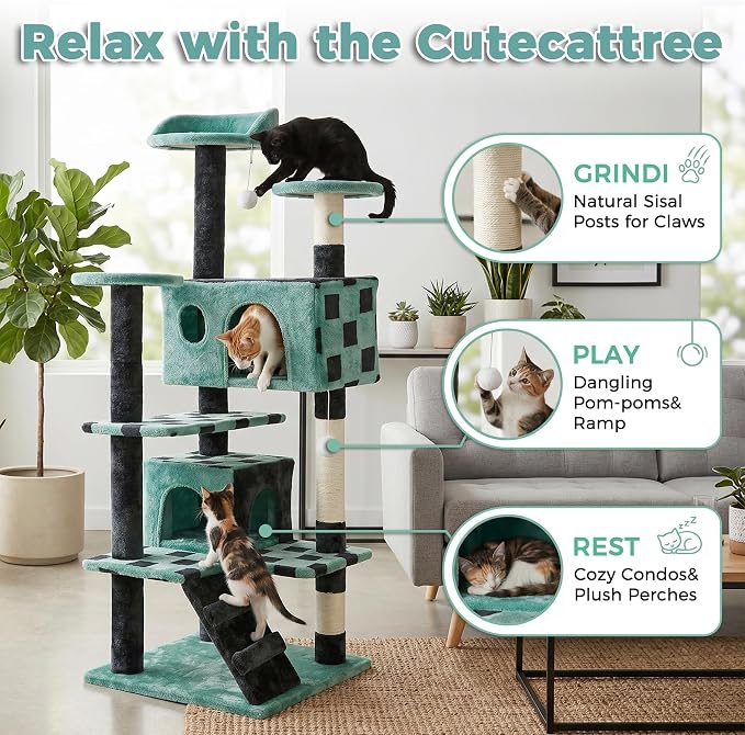 ZENY 53‘‘ Cat Tree with Sisal-Covered Scratching Posts and 2 Plush Rooms Cat Furniture for Kittens (Green + Black)