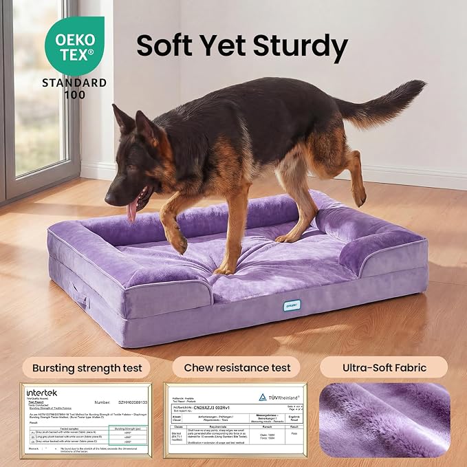 OhGeni Orthopedic Dog Bed Couch Big Cat Sofa for Extra Large Sized Pets with Memory Foam, Machine-Washable Waterproof Removable Cover, Soft Comfortable Fabric, 44-inch (Purple)
