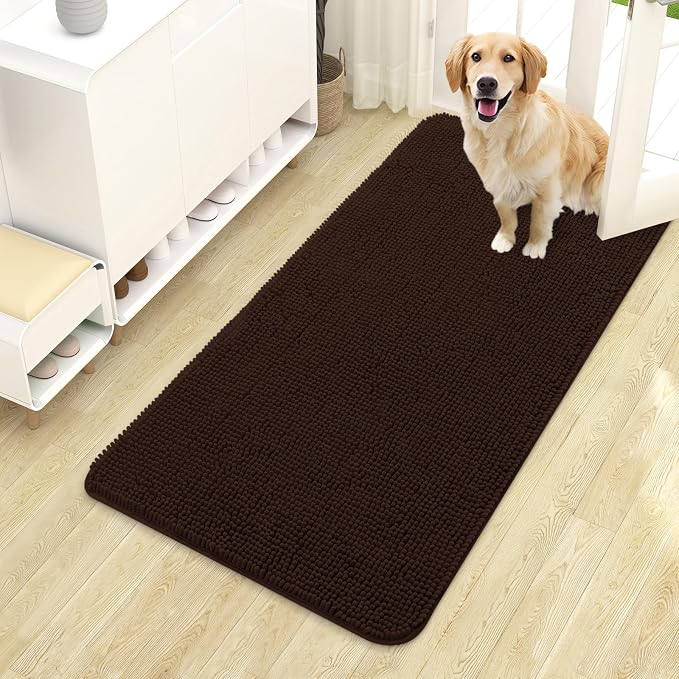 OLANLY Dog Door Mat for Muddy Paws 44x24, Super Absorbent Chenille Mud Mat | Brown, Absorbs Moisture and Dirt, Non-Slip Machine Washable Doormat, Quick-Drying Indoor Entryway Floor Carpet for Dogs