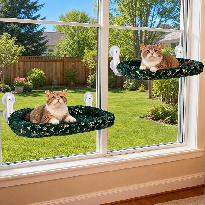 L&W BROS. 2-Pack Foldable Cat Window Perches with Christmas Cushion Bed Easy to Assemble Cats Hammock for Window, Warm Indoor Cat Beds for Large Cats, Edition(M Green)