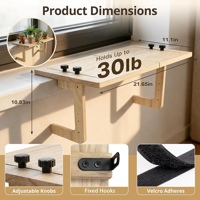 3-Way Setup Adjustable Window Sill Plant Shelf Extender | 21.6" x 11.1" No-Drill Window Plants Shelf with Strong Suction Cups, Heavy Duty Renter Friendly Indoor Garden Sills Display
