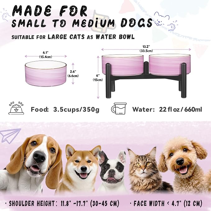 Ceramic Elevated Dog Bowl Set, 6.1''Raised Dog Food and Water Bowl Set with Non-Slip Stainless Steel Stand, Double Raised Dish for Small and Medium Breed, 3.5 Cups / 22 Fl Oz, Purple