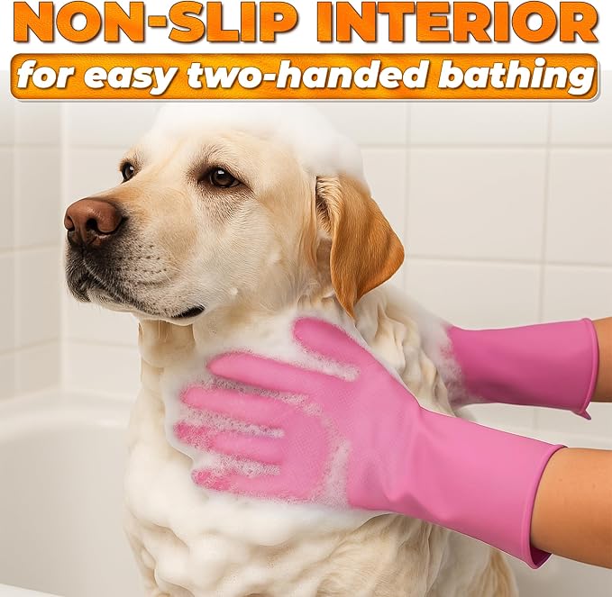 Cat and Dog Washing Gloves, 1 Pair, 11.6 in, Soft Silicone (Pink) | Dog Shampoo Gloves, Pet Bath & Grooming Mitt, 3000 Soft Bristles, Removes Loose Hair, Saves Shampoo, Massage, Wet or Dry