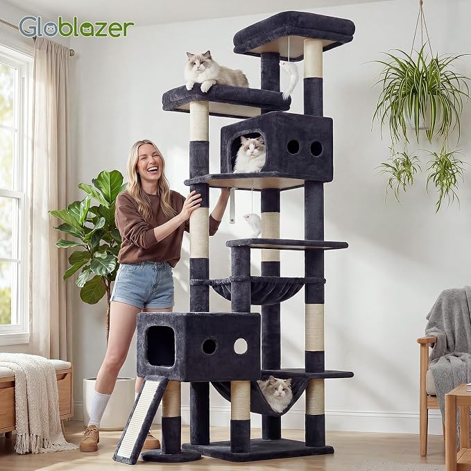 Globlazer 83inch Sturdy Multi-Level Tall Cat Tower, S83G, Dark Grey | Extra Large Heavy Duty Cat Tree for Indoor Large Adult Cats Kittens with 2 Cat Condo, 8 Scratching Post, 2 Hammock
