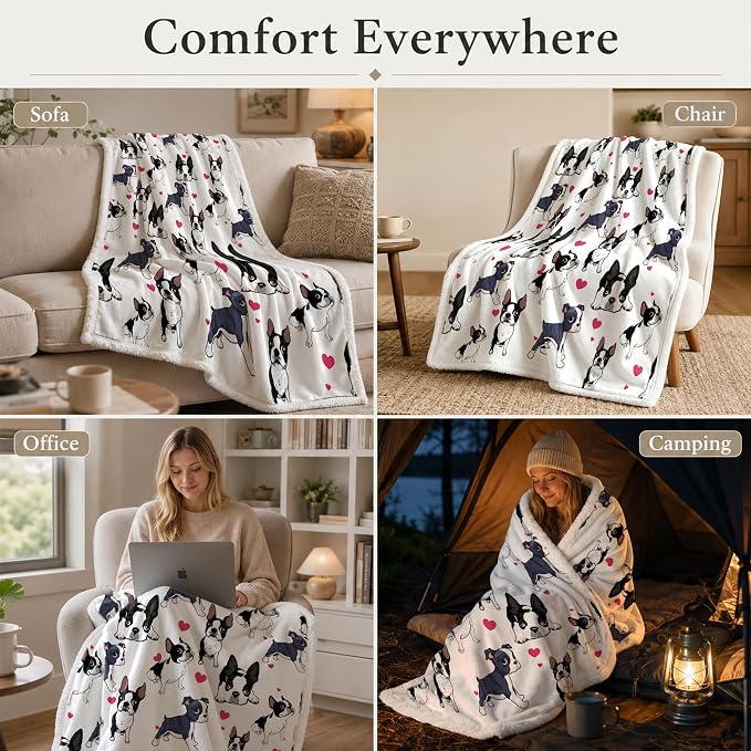 BlessLiving 50x60 Sherpa Fleece Throw Blanket, Boston Terrier | sherpa fleece. boston terrier print; for couch, bed, or sofa.