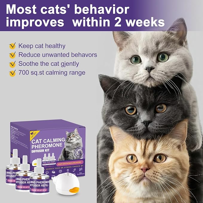 Cat Calming Diffuser Kit, 1 Diffuser + 3 Refills Pack,Discourage Scratching, Excessive Meowing & Urine Marking, Gentle Calming Support