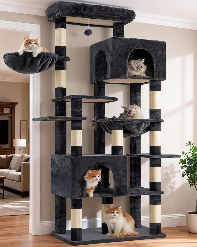 Heybly Cat Tree, 76-Inch Tall Heavy Duty Cat Tower for Big Cats HCT039G | Multi-Level Large Cat Furniture with Extra Wide Baseboard, 2 Condos & 2 Hammocks, 10 Scratching Posts, Smoky Gray