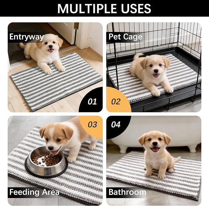Dog Door Mat for Muddy Paws - Absorbent Quick-Dry Non-Slip Washable Chenille Pet Rug, Indoor Entryway Mat for Front Door & Crate (Gray, 24" L*16" W)