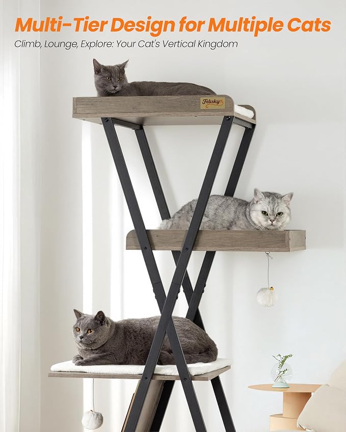 Modern Wood Cat Tree Tower for Indoor Cats Large Adult 67-in Tall | Heavy Duty XL Stable Wooden Cat Condo House Furniture with Multi-Level Spacious Perch Scratching Board Soft Washable Pads