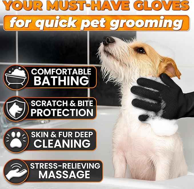 Cat and Dog Washing Gloves, 1 Pair, 11.6 in, Soft Silicone (Black) | Dog Shampoo Gloves, Pet Bath & Grooming Mitt, 3000 Soft Bristles, Removes Loose Hair, Saves Shampoo, Massage, Wet or Dry