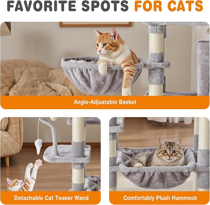 71 Inch Large Cat Tree Tower with Sisal Scratching Post | Multi-Level Cat Climbing Tower with Hammock, Pet Condo for Indoor Cats and Kittens, Light Grey