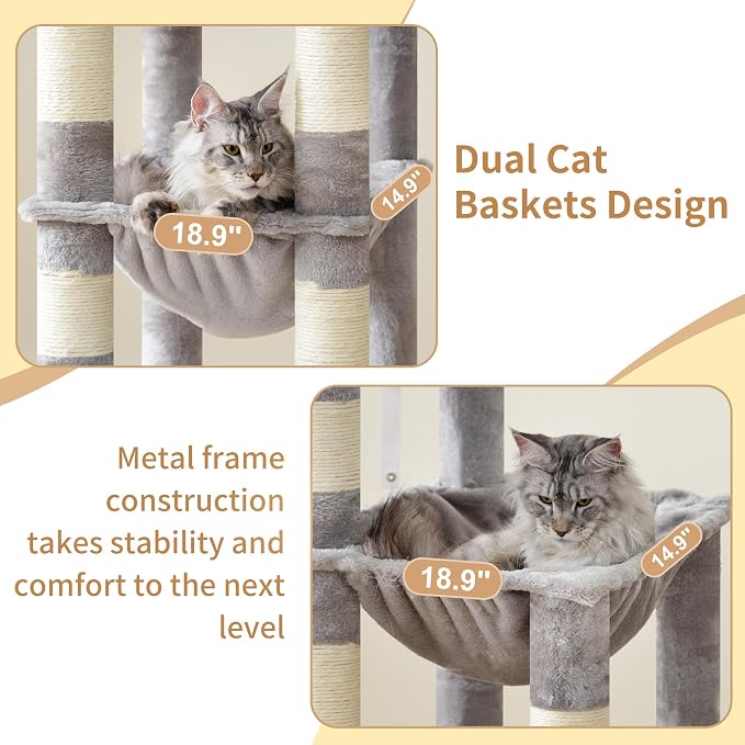 Heybly Cat Tree, 71-Inch Tall Cat Tower for Large Maine Coon Cats HCT037W | Cat Condo Furniture with Extra-Large Baseboard, Multi-Level Platforms, 2 Hammocks and 12 Scratching Posts, Light Gray