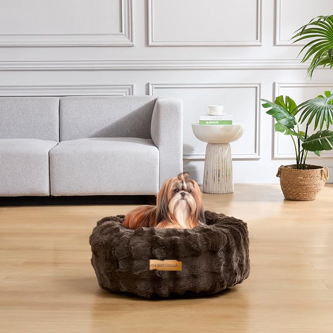 Modern Threads Calming Donut Dog Bed for Small Dogs, Plush Round Faux Fur Pet Bed with Raised Bolster, Soft Washable Dog Bed, 24x24x9, Chocolate Brown