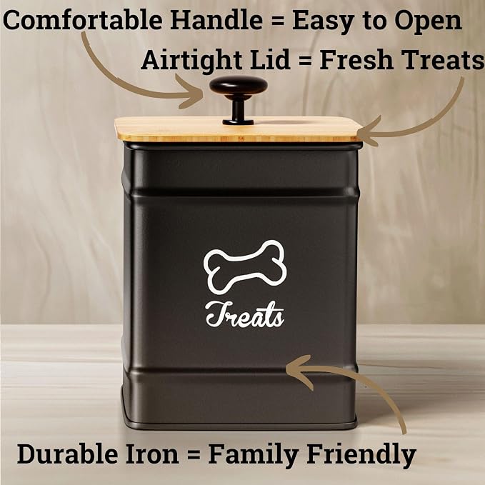 Dog Treat Container with Airtight Bamboo Lid, 5"W x 7"H, 7 Cup Capacity | Fits Most Popular Treats, 7 Cups Capacity, Airtight Bamboo Lid, Easy Open Metal Lid Handle, Dent-Resistant Durable Metal