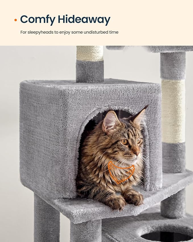 SONGMICS HOME Cat Tree for Indoor Cats, Multi-Level Cat Tower with Sisal Scratching Posts, Hammock and Condo, Light Gray