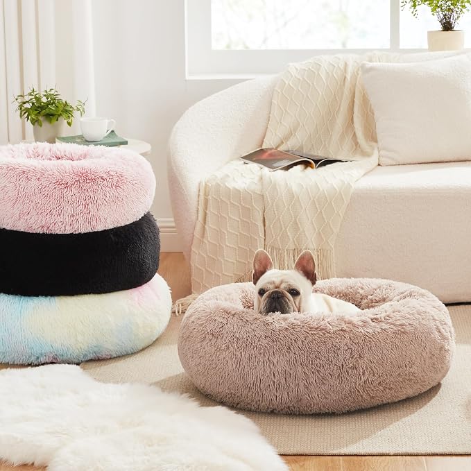 Love's cabin Calming Cat Bed for Indoor Cats, Anti-Anxiety Donut Round Dog Bed,Fluffy Faux Fur Washable Pet Bed for Small Medium Dogs and Cats, Black, 24in