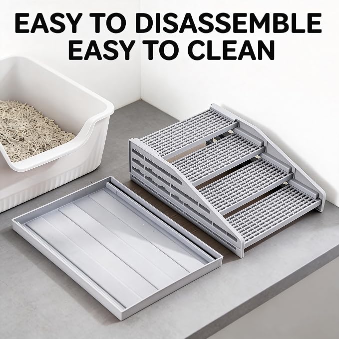 Cat Litter Box Step Ramp with Litter Catcher Adjustable Litter Trapping Cat Stairs Non-Slip Trapping Mat for Kittens and Senior Cats, Washable (Gray, Large)