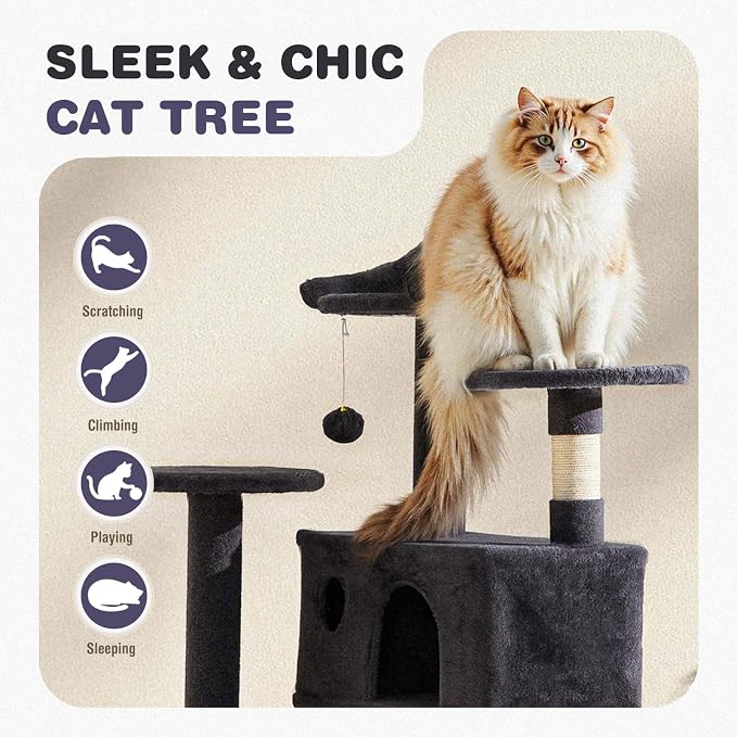 54 Inch Cat Tree Tower with Sisal Scratching Posts | Multi-Level Cat TreeTower with Climbing Ladder, Play Toy Balls House for Indoor Cats, Grey
