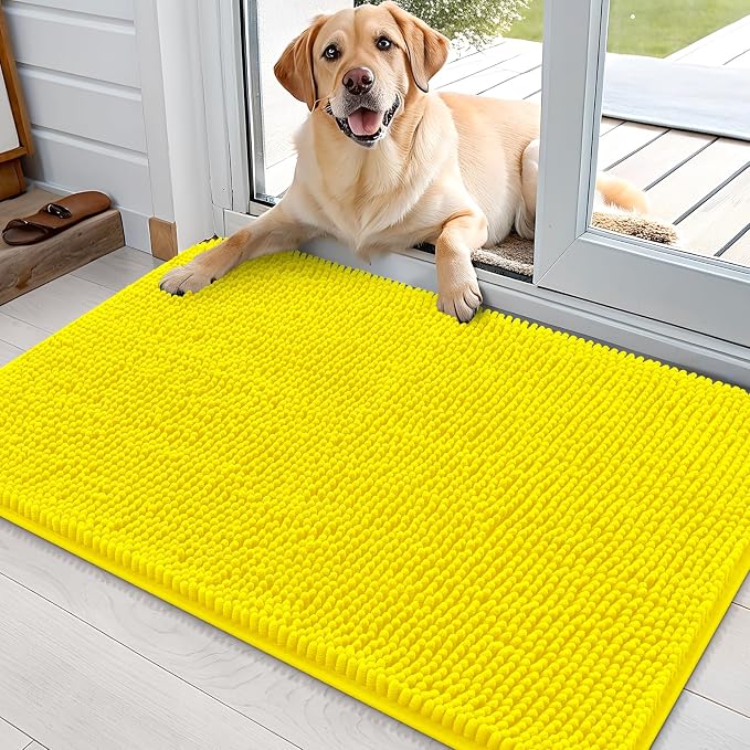 OLANLY Dog Door Mat for Muddy Paws 36x24, Super Absorbent Chenille Mud Mat | Lemon Yellow, Absorbs Moisture and Dirt, Non-Slip Machine Washable Doormat, Quick-Dry Indoor Entryway Floor Carpet for Dogs