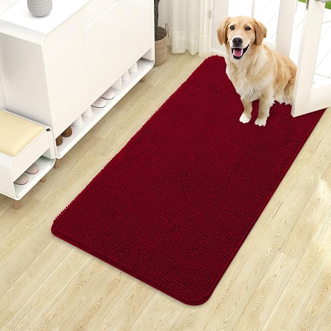 OLANLY Dog Door Mat for Muddy Paws 40x24, Super Absorbent Chenille Mud Mat | Red, Absorbs Moisture and Dirt, Non-Slip Machine Washable Doormat, Quick-Drying Indoor Entryway Floor Carpet for Dogs
