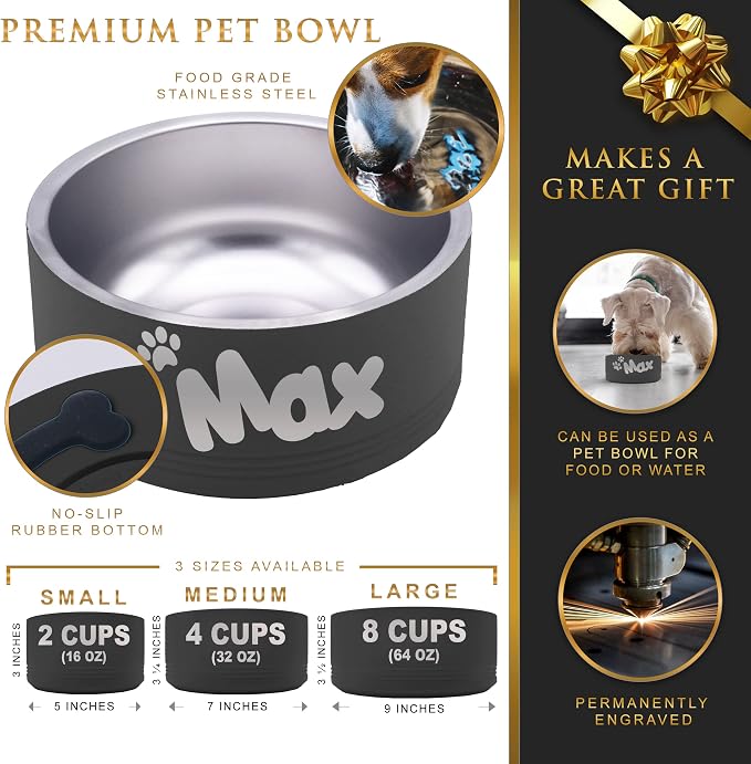 My Personal Memories Custom Personalized Stainless Steel Dog or Cat Bowl for Water and Food - Engraved Pet Bowl with Non Slip Bottom (Large - 64 Ounces, Black)