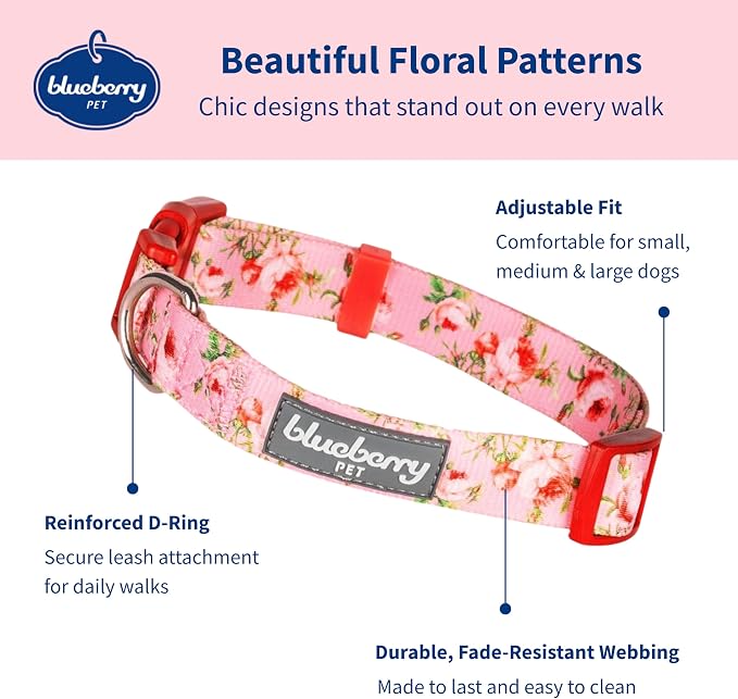 Blueberry Pet 7 Patterns Spring Scent Inspired Pink Dog Collar, Medium, Neck 14.5"-20", Dog Collars, Puppy Collar, Flowers for Dog Collars Girl, Purple Dog Collar, Girl Dog Accessories