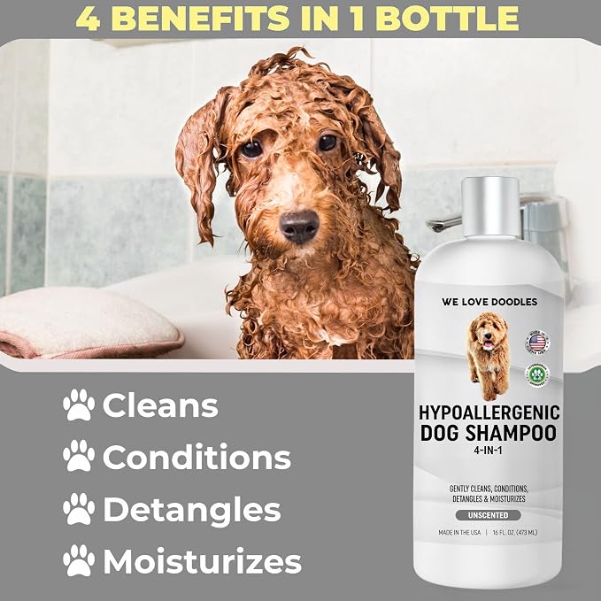 Hypoallergenic Dog Shampoo, Conditioner & Detangler, Tearless USA Made 16OZ | Sensitive Skin Dog Shampoo For Itchy Skin & Allergies, Gentle Cleansing, Moisturizing & Natural For Dogs, Hypoallergenic USA